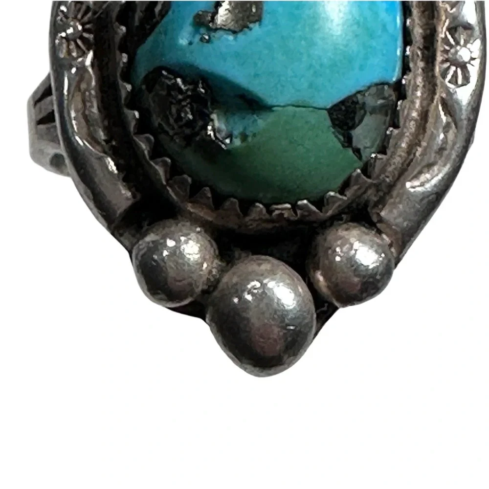 Vintage Navajo Sterling Silver Turquoise Stamped‎ Sunburst Statement Ring